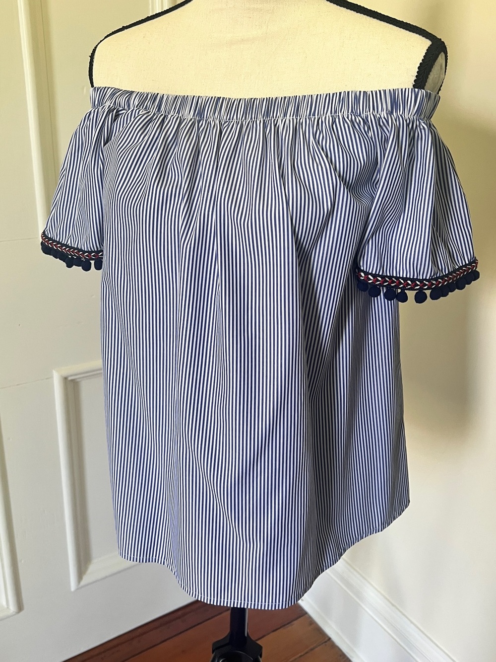 Peach Love off the shoulder stripe top with pom stitch hem | size M